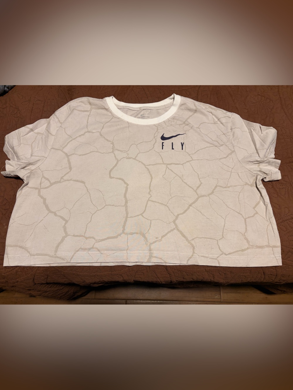 Nike White Cracked-Print Crop Tee with Navy Swoosh